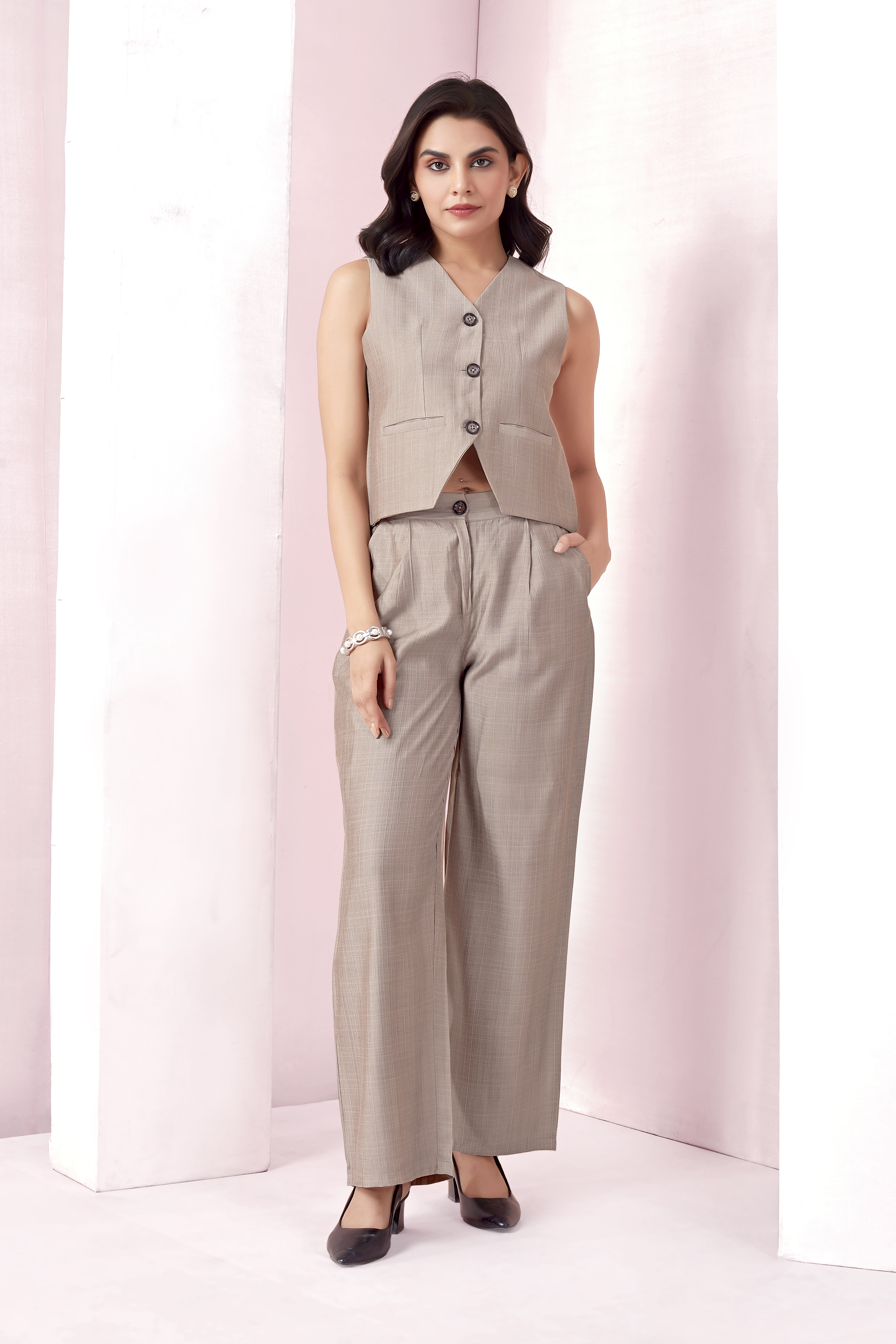 Waistcoat And Trousers Co-ord Set - Dusty Brown