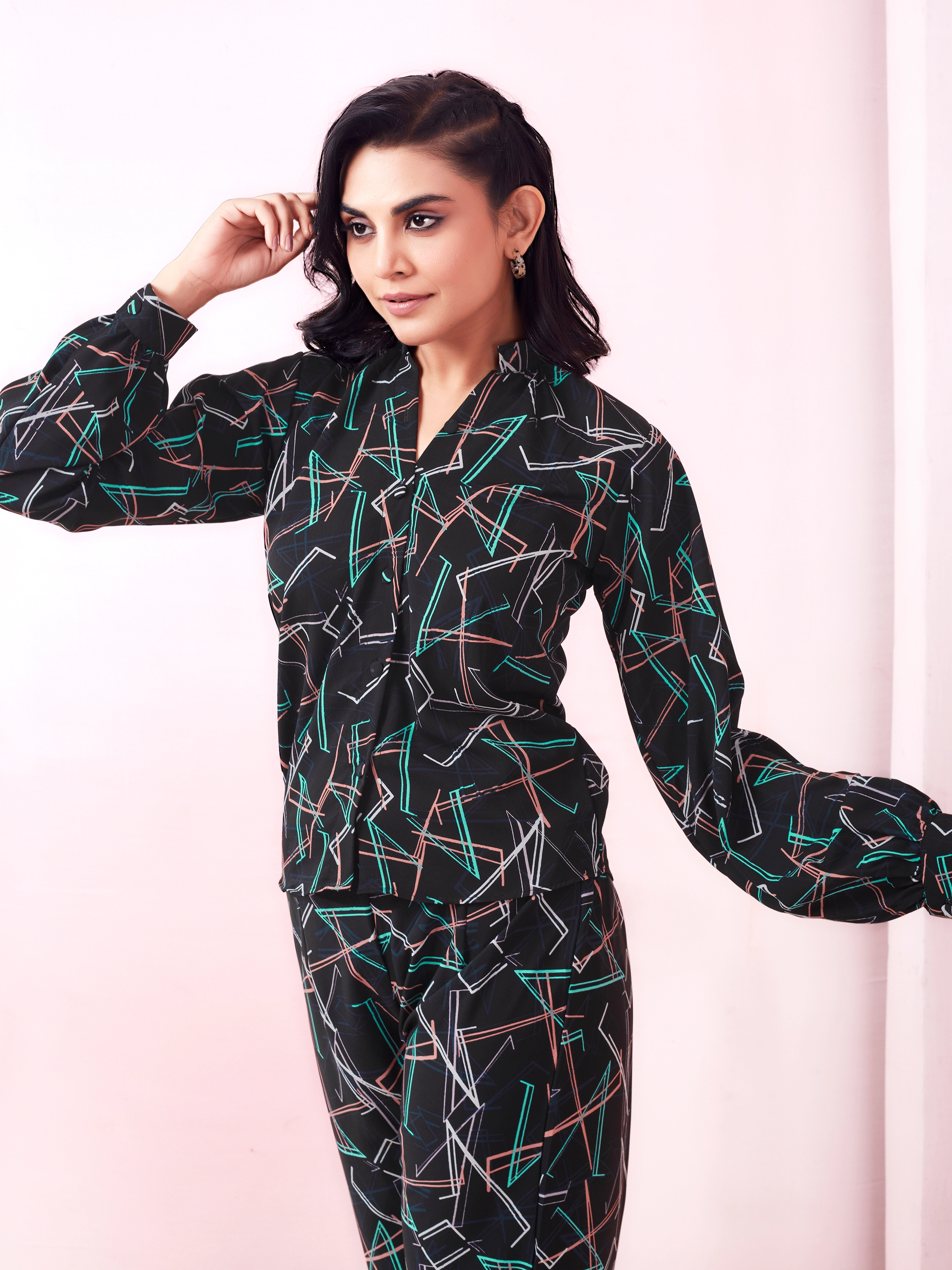 Black Geometric Print Top And Trouser Co-ord Set