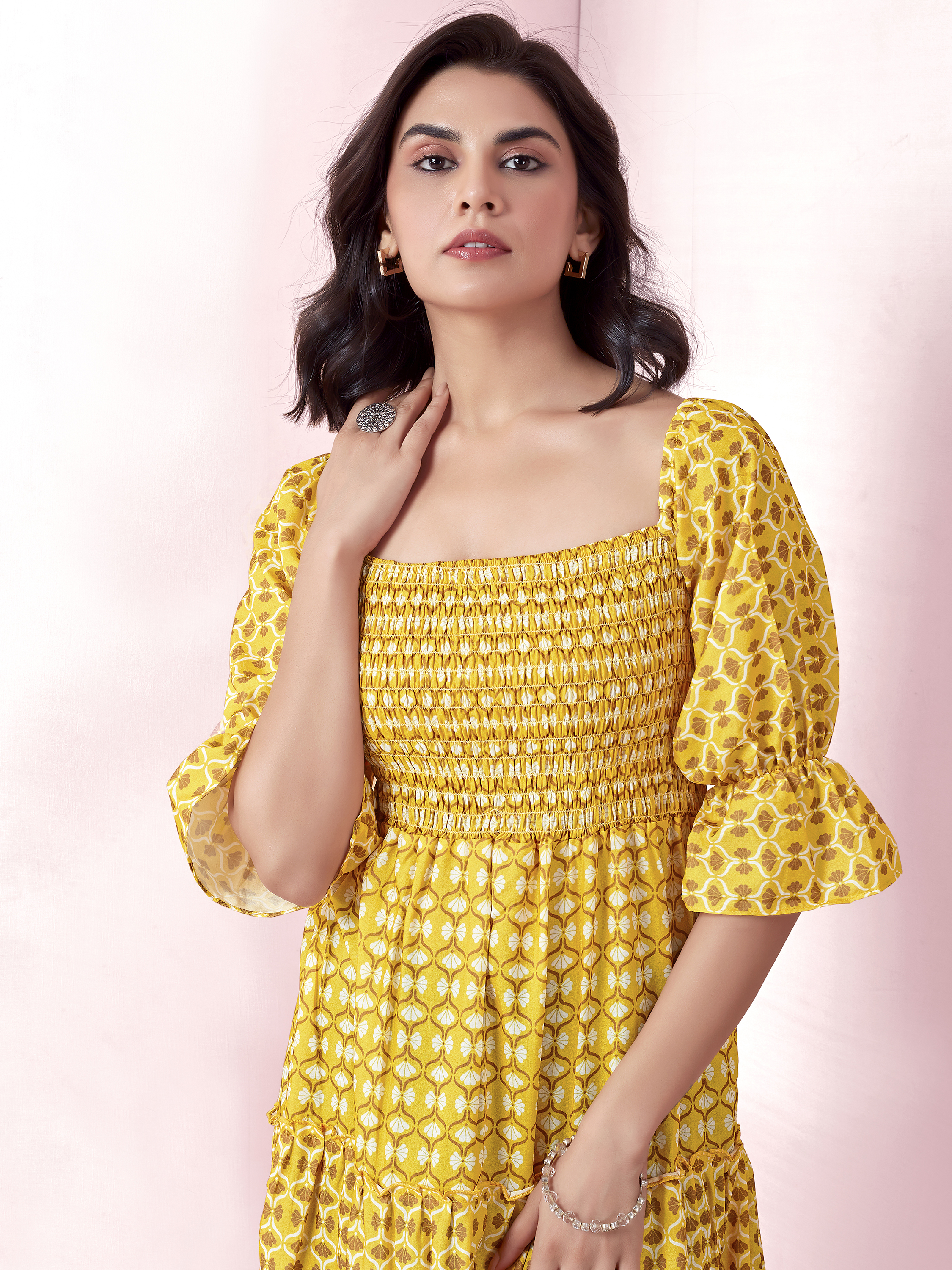 Yellow Geometric Print Smocked A-Line Tiered Midi Dress