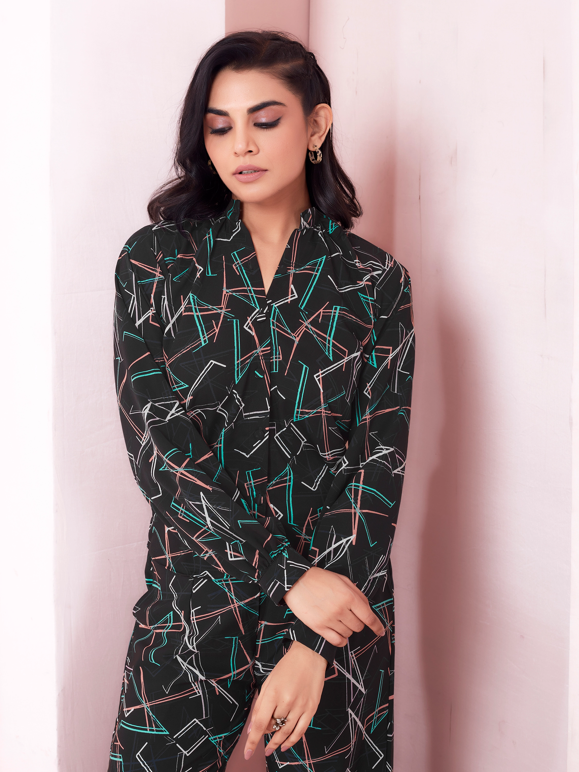 Black Geometric Print Top And Trouser Co-ord Set