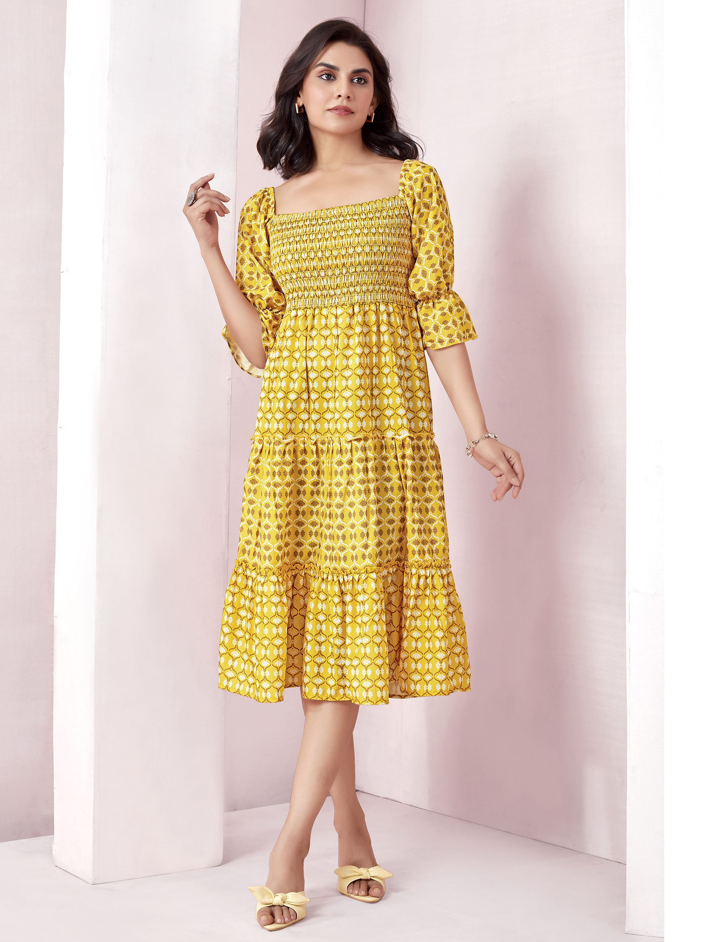 Yellow Geometric Print Smocked A-Line Tiered Midi Dress