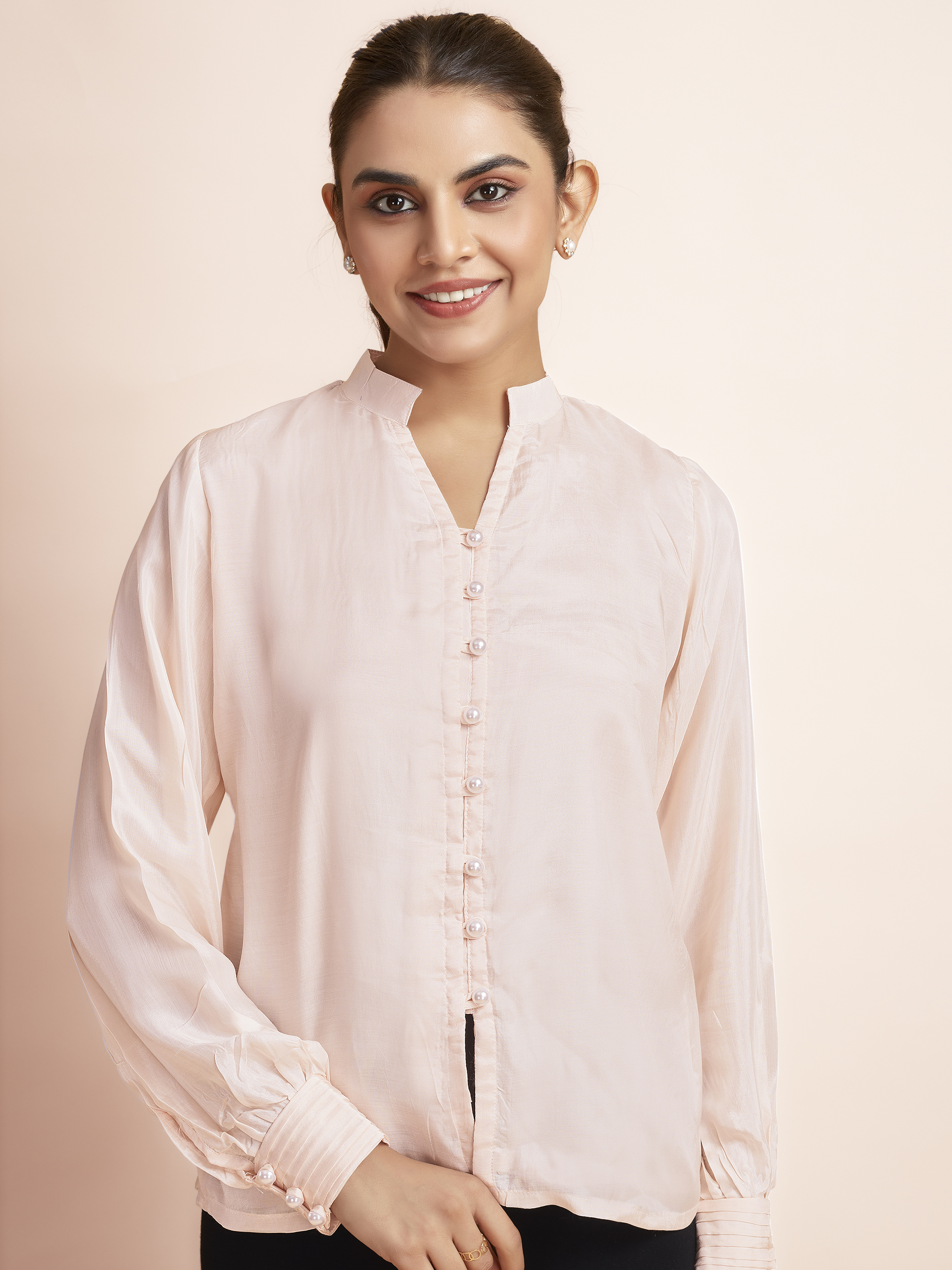 Long Sleeve V-Neck Formal Top - Peach