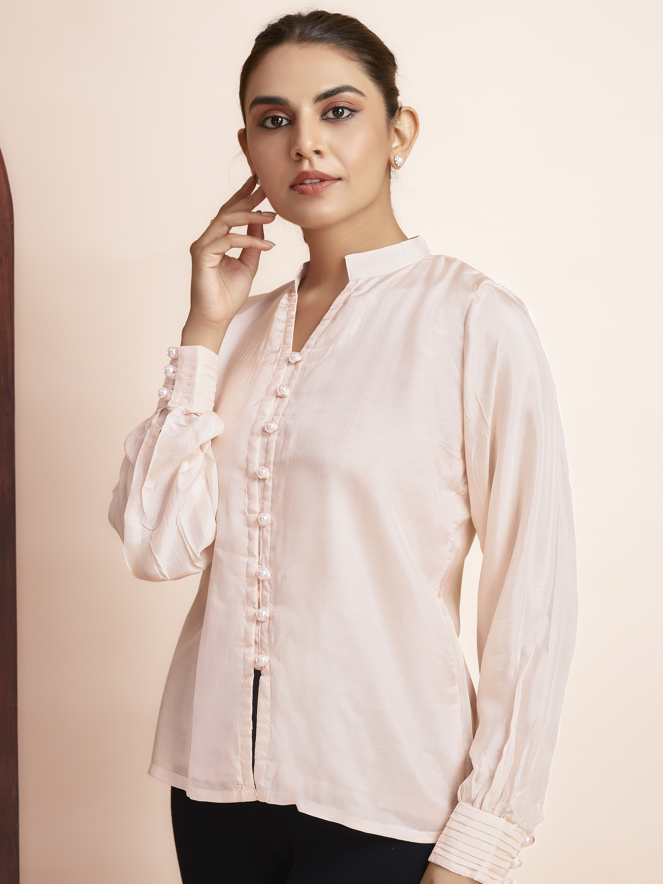 Long Sleeve V-Neck Formal Top - Peach