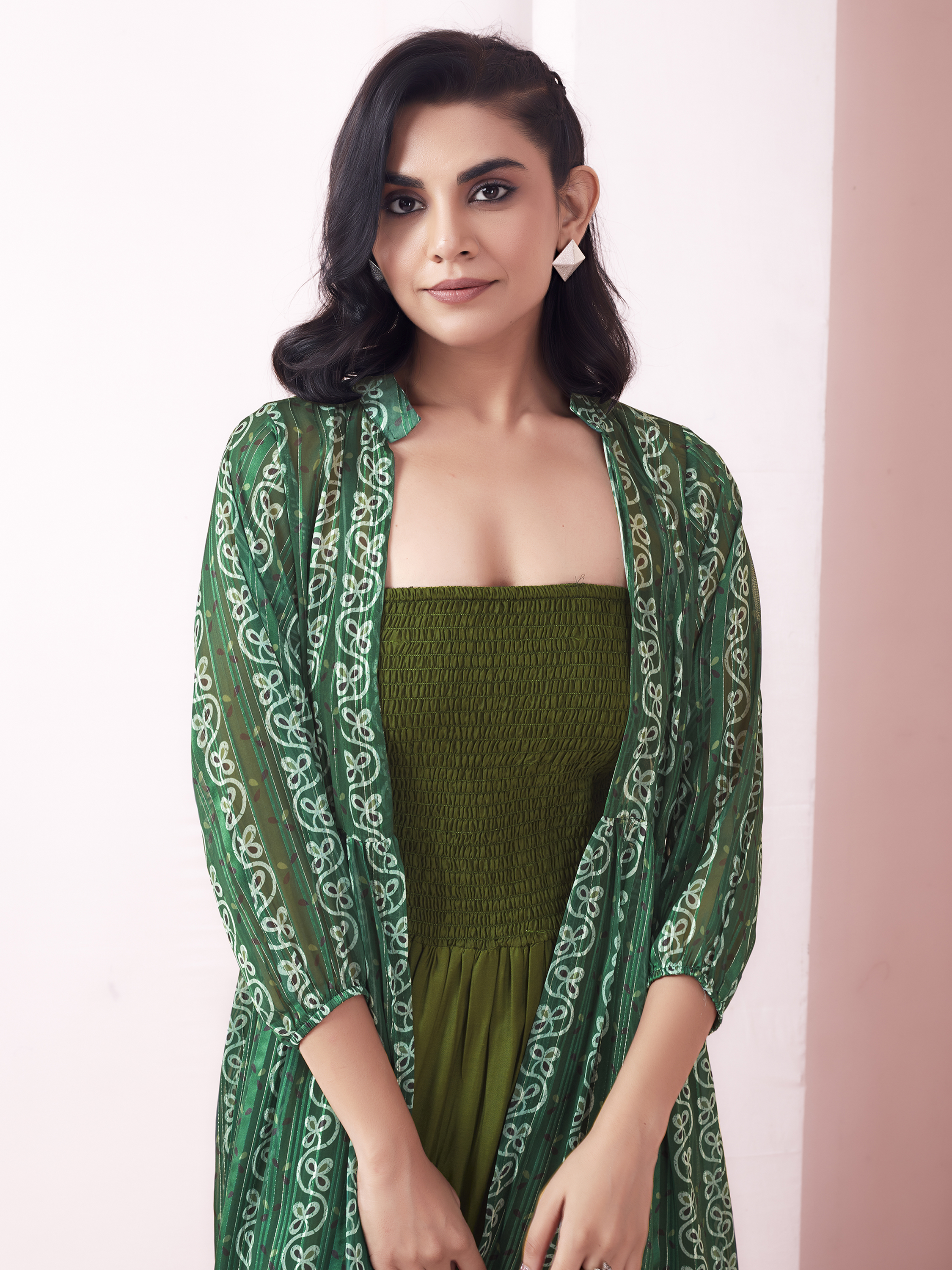 Green Smocked Midi With Geometric Printed Jacket And Belt