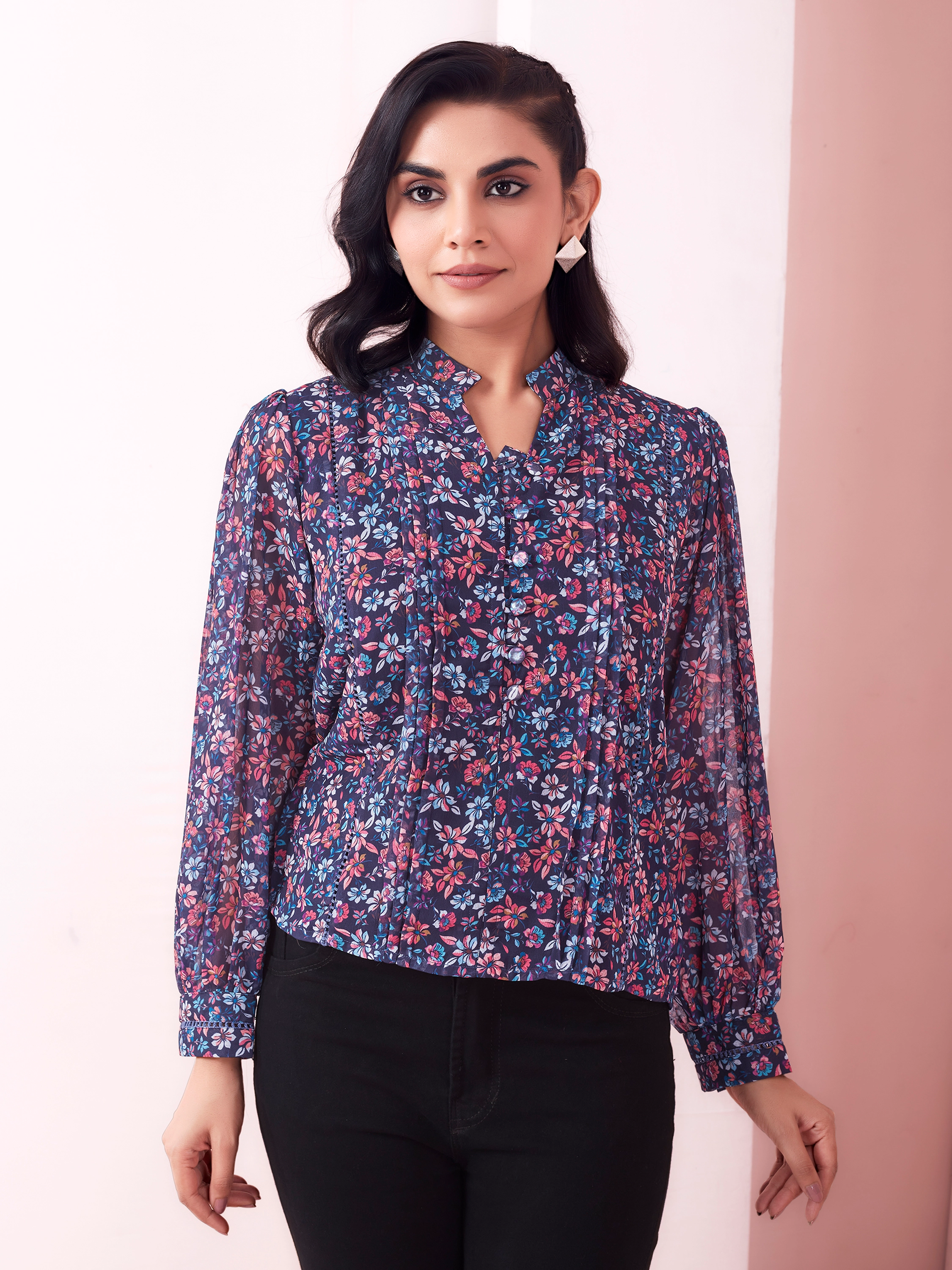 Blue Floral Print Mandarin Collar V Neck Casual Wear Georgette Top
