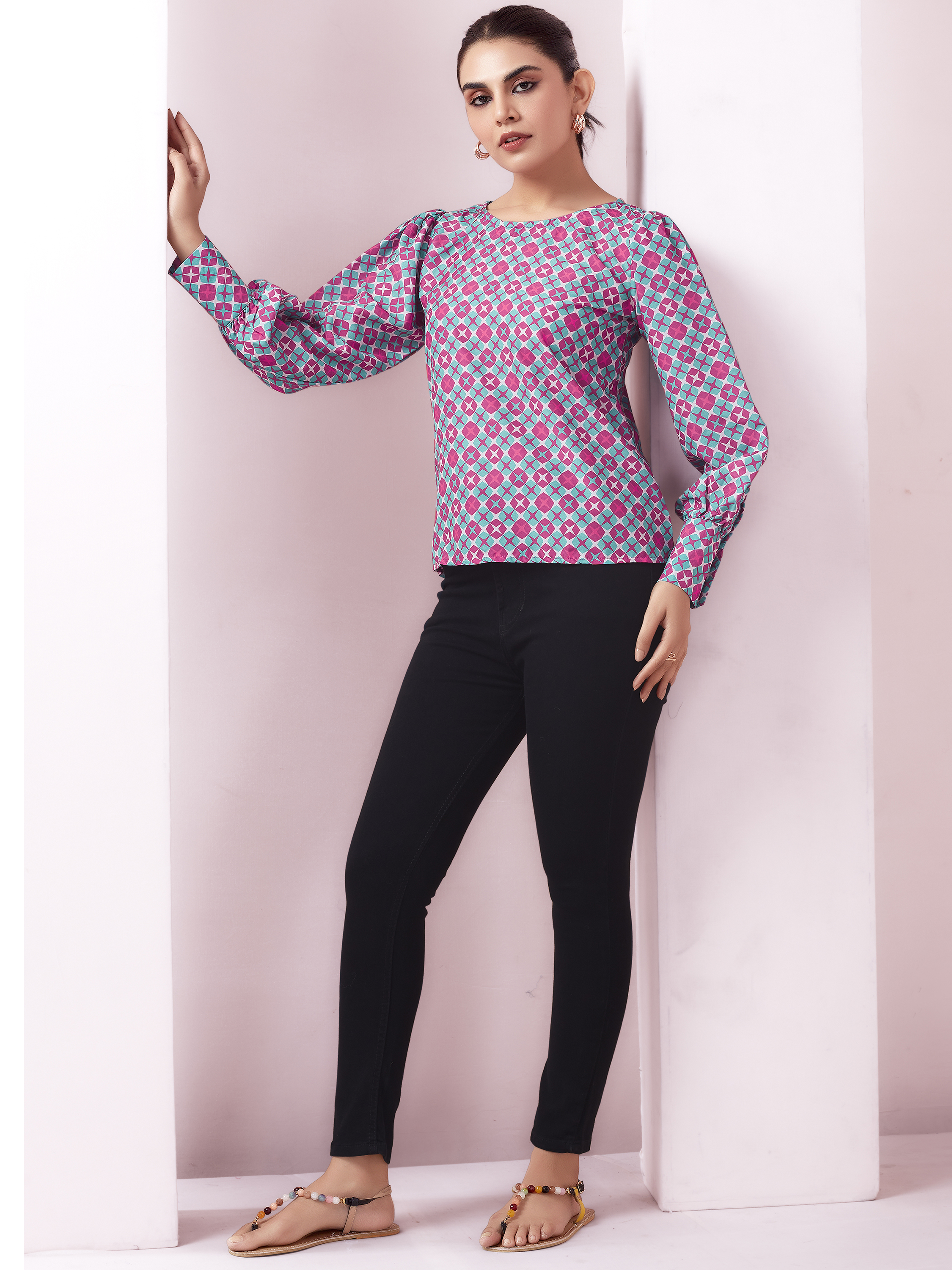 Geometric Printed Full Sleeve Boat Neck Top - Pink And Cyan