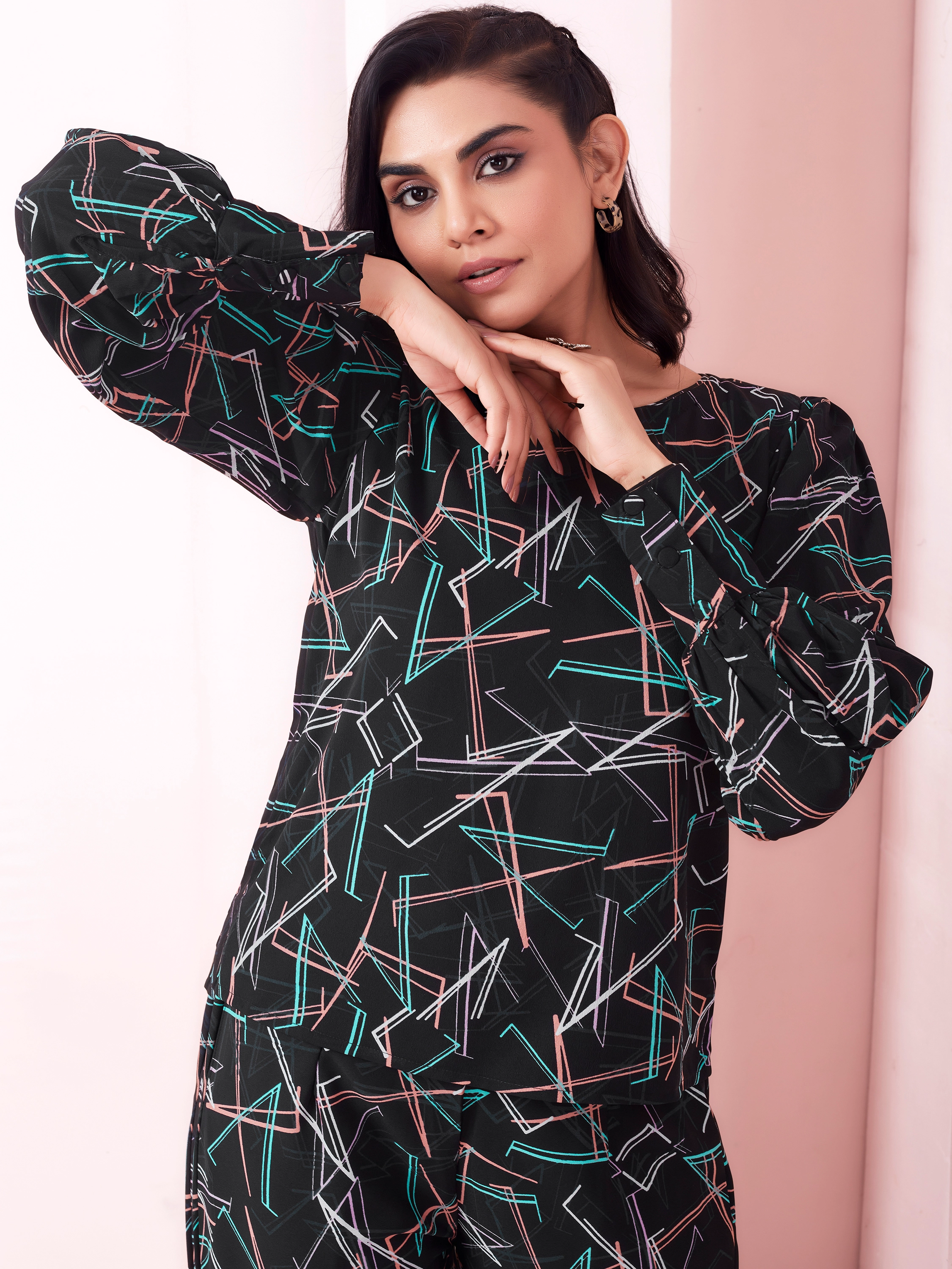 Geometric Printed Full Sleeve Boat Neck Top - Black
