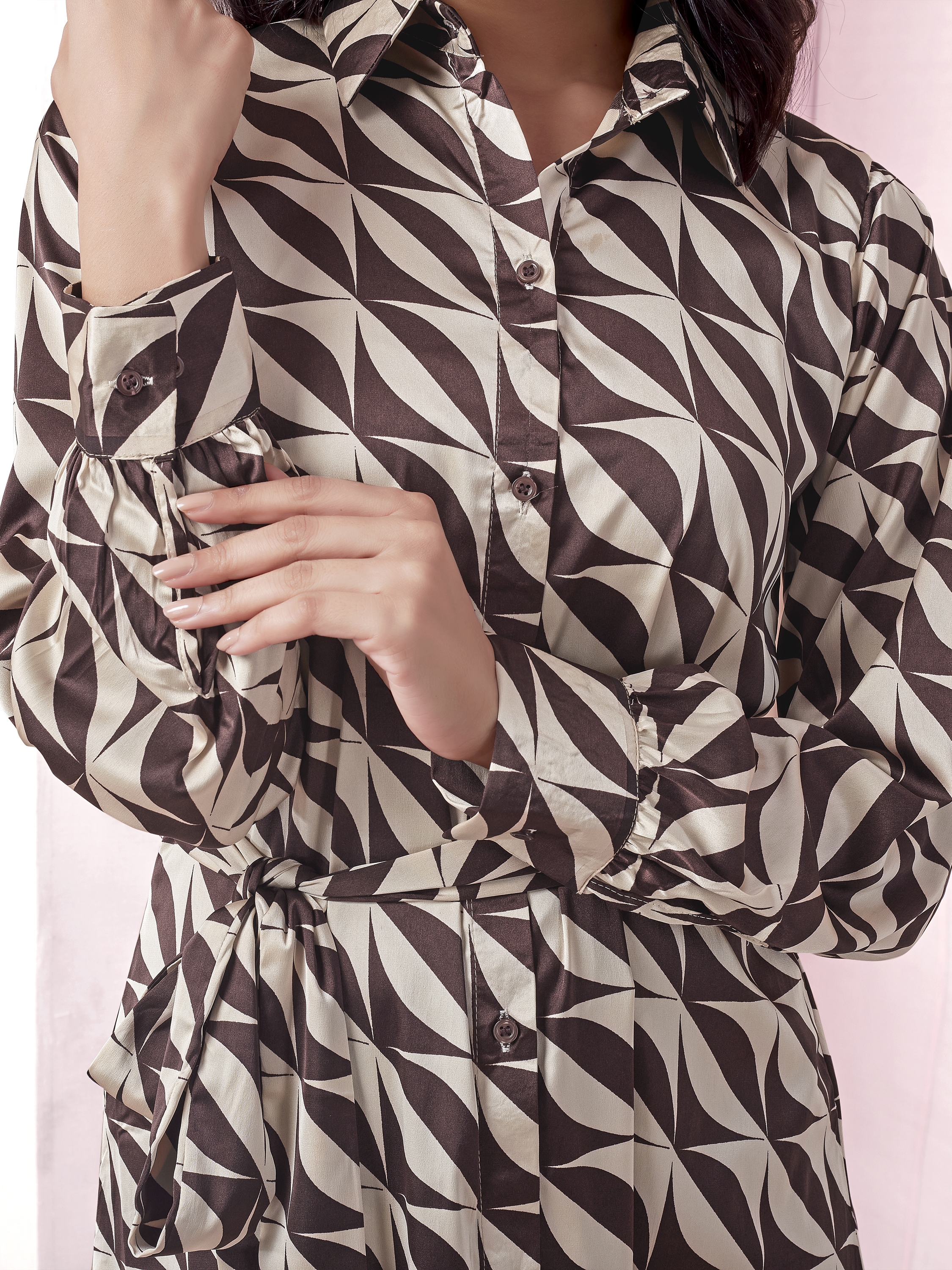 Brown Geometric Print Full Sleeve Long Shirt Dress With Belt