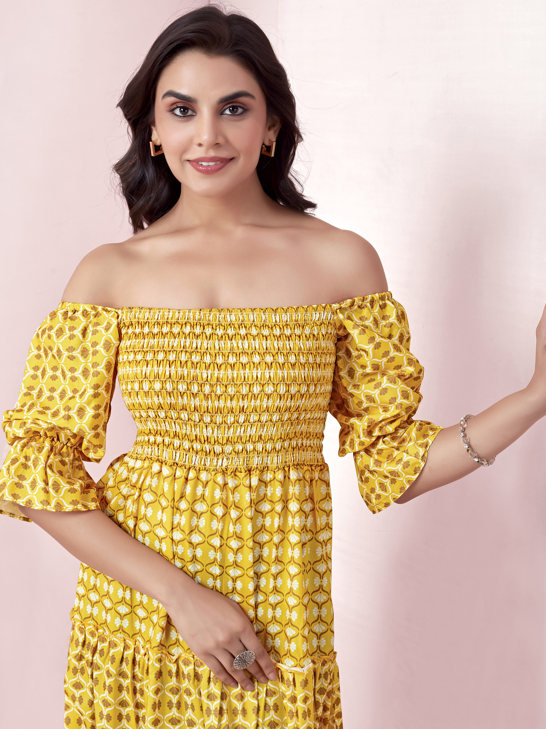Yellow Geometric Print Smocked A-Line Tiered Midi Dress