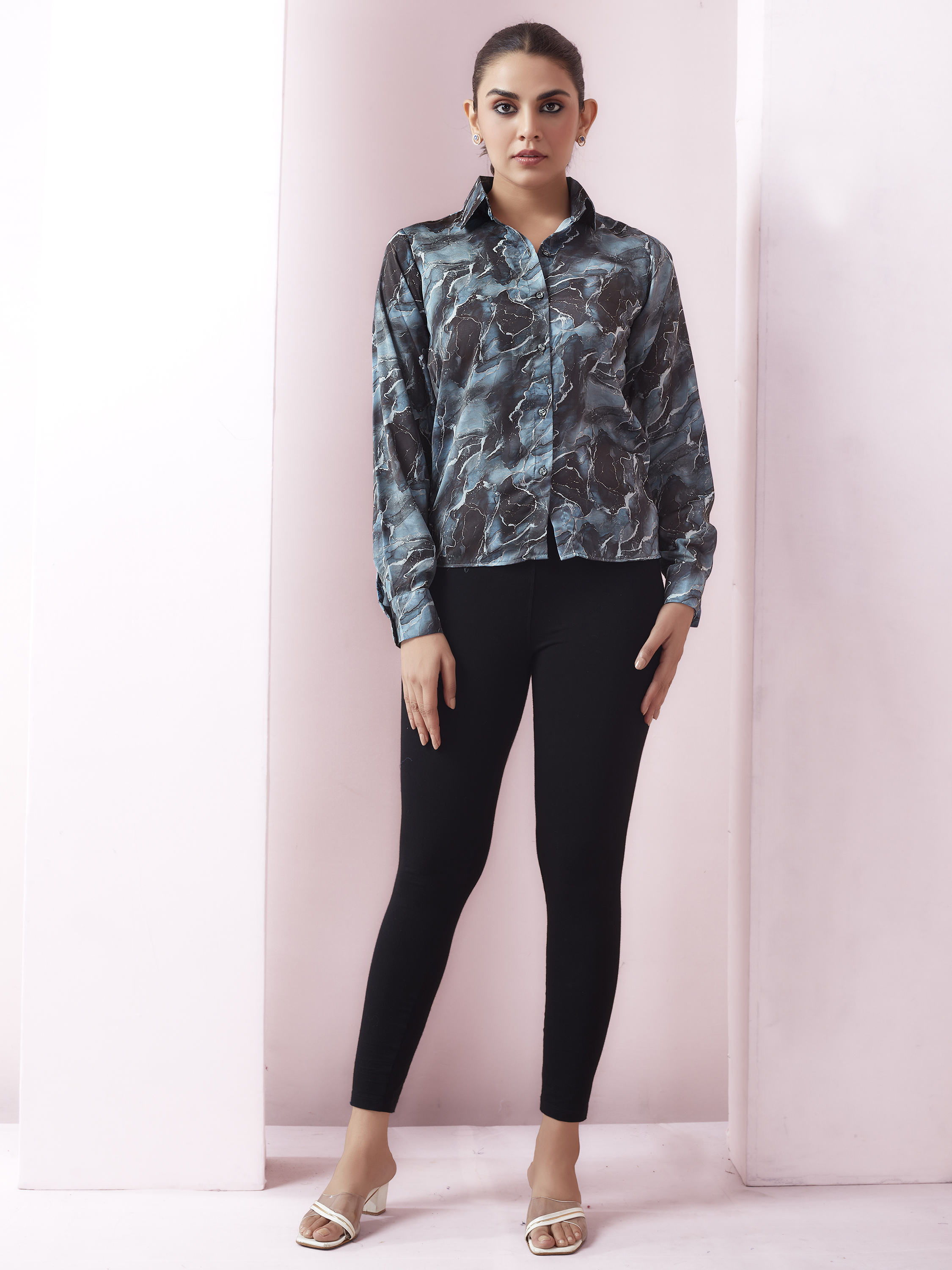 Marble Print Full Sleeves Satin Shirt - Black And Metallic Blue