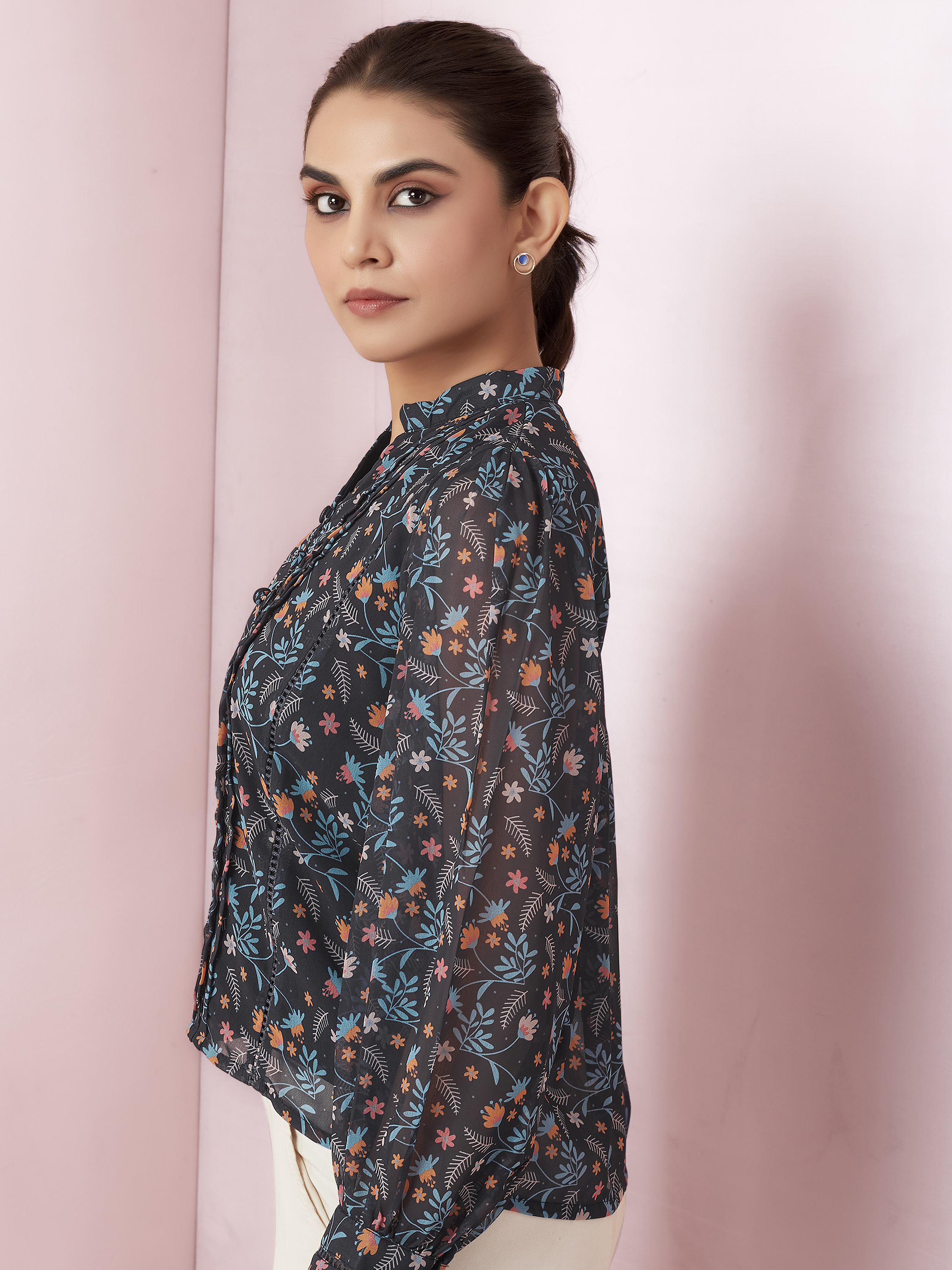 Black Floral Print Mandarin Collar V Neck Casual Wear Georgette Top