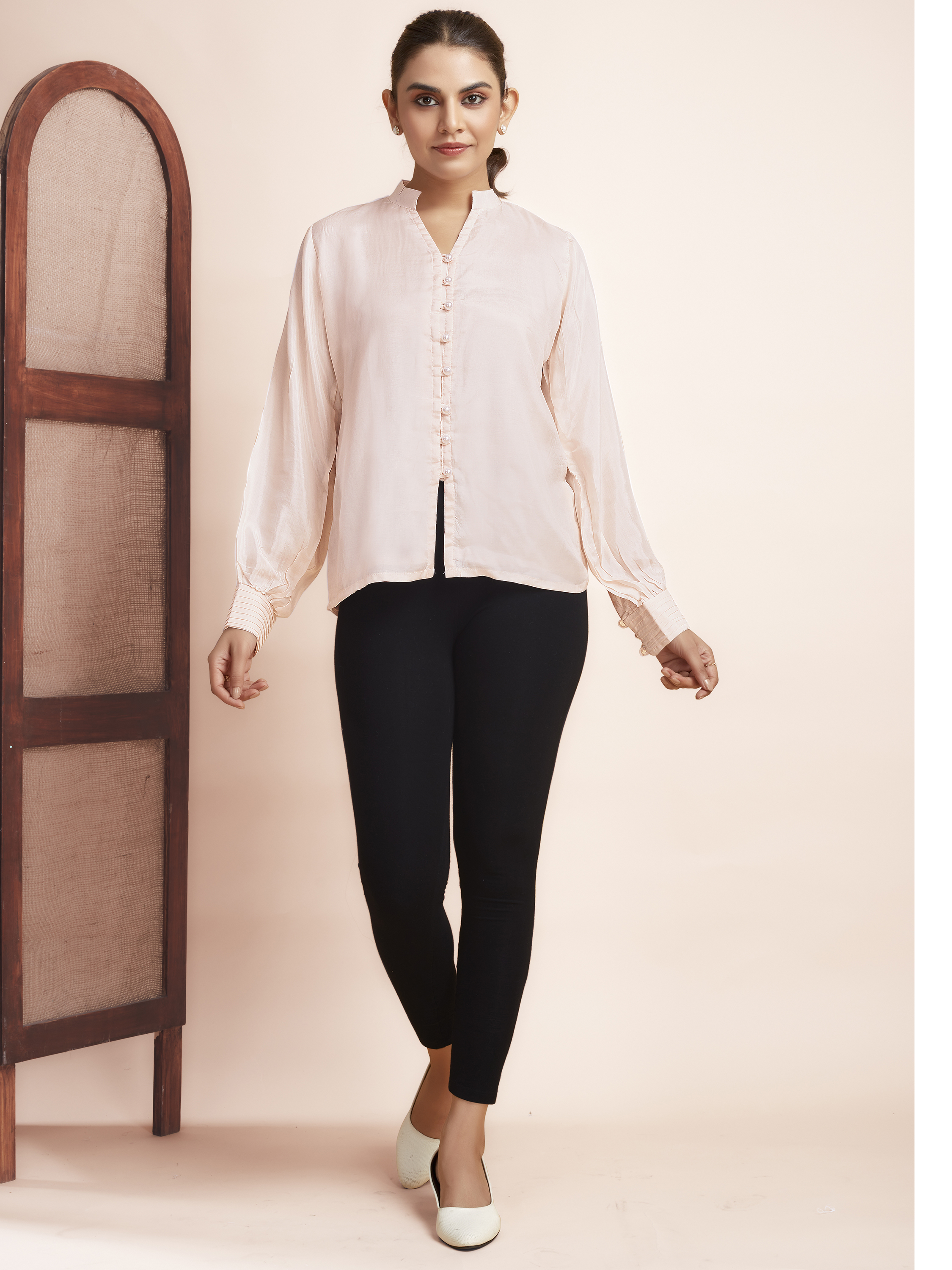 Long Sleeve V-Neck Formal Top - Peach