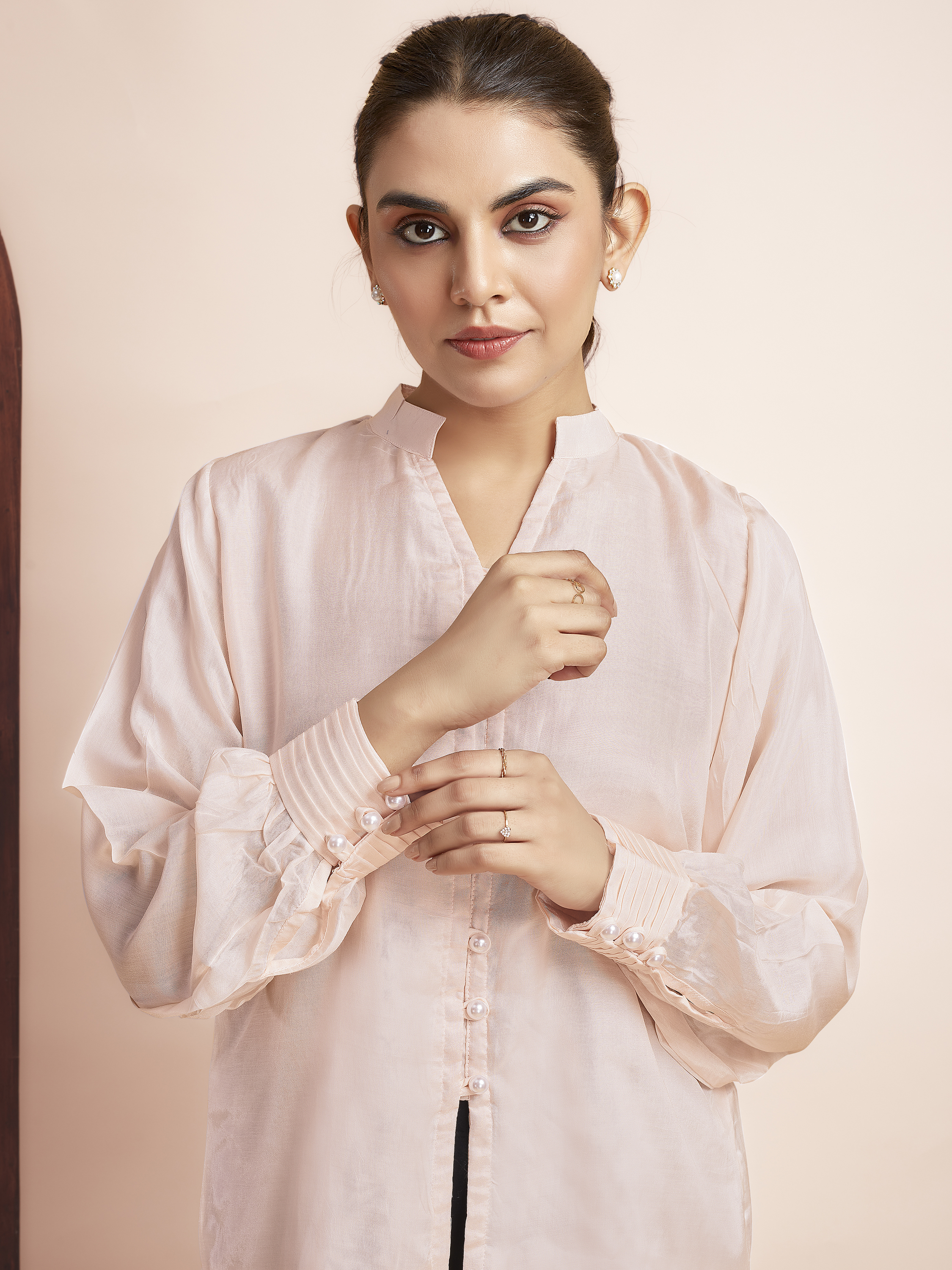 Long Sleeve V-Neck Formal Top - Peach