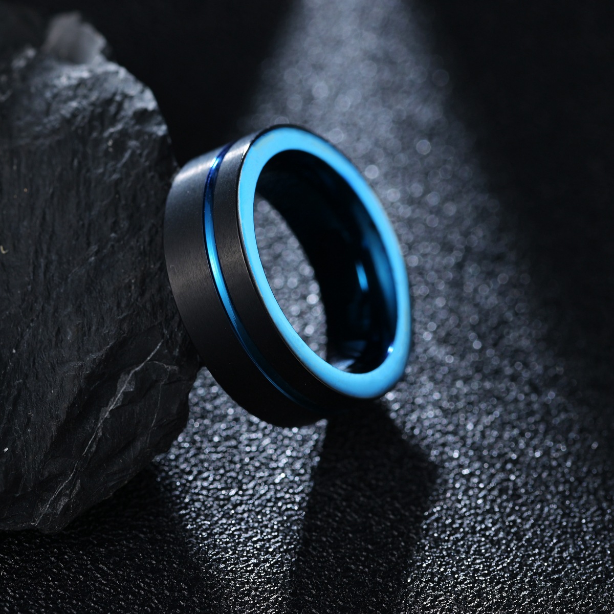 8MM Electroplated Black and Blue Two-Tone Stainless Steel Men's Ring