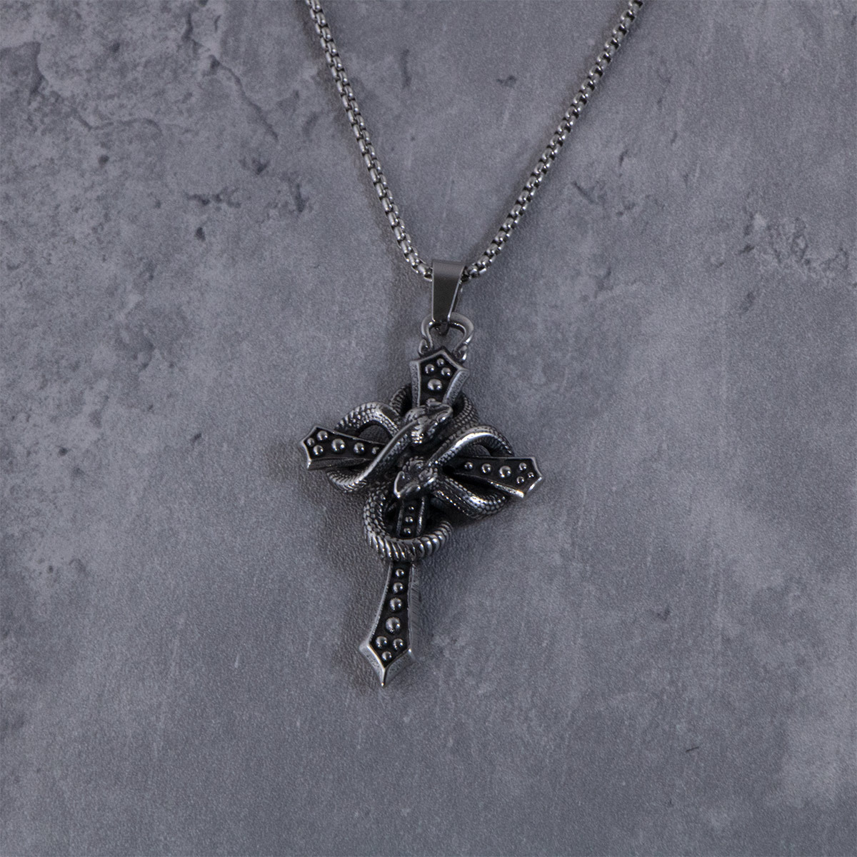Retro Stainless Steel Double Snakes Cross Embracing Pendant Necklace 