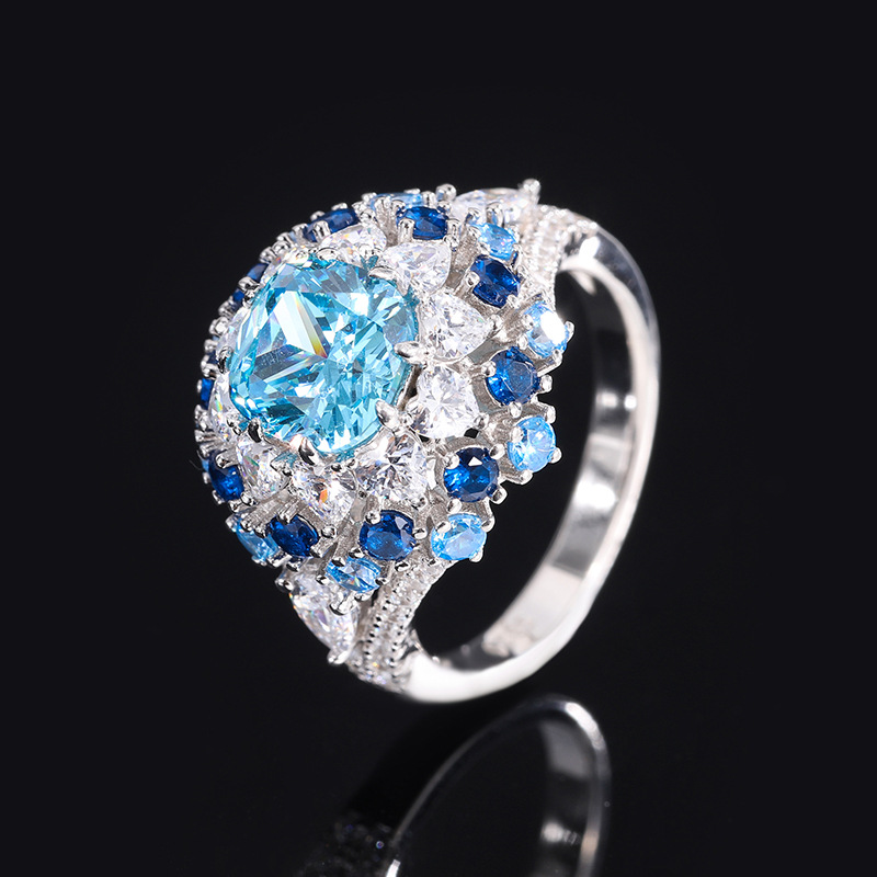 S925 Silver Simulated Aquamarine Stamen Textured Luxury Ring Sparkling for Daily Wear