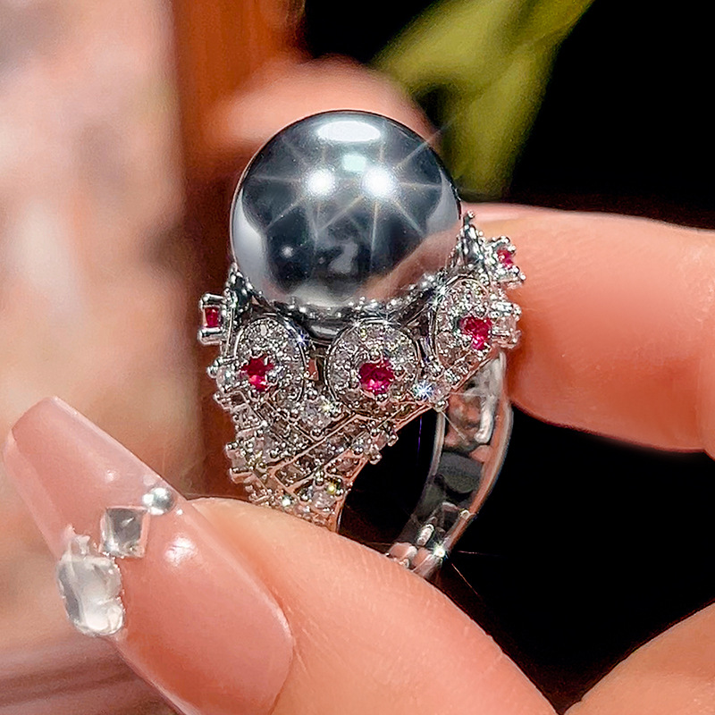 Jewelry-Inlaid Simulated Grey Pearl Retro Fashion Diamond-Accented Ring