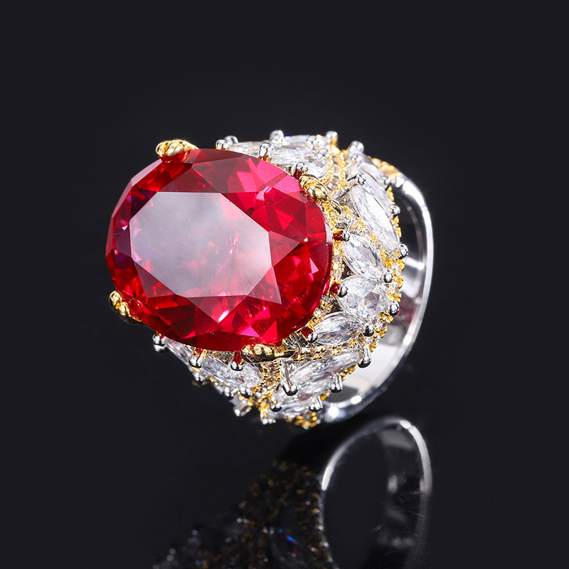 Sterling Silver S925 Simulated Ruby Sapphire Luxe Temperament Oversized Cocktail Ring