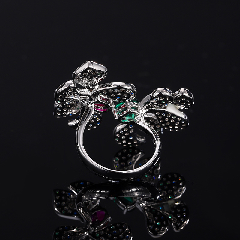 Trendy Stylish Colored Gemstone Creative Flower Ring