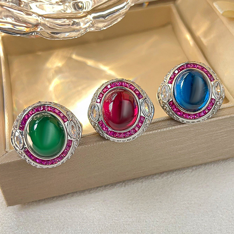 Simulated Blue Spinel, Cabochon Ruby and Green Chalcedony Vintage Ring