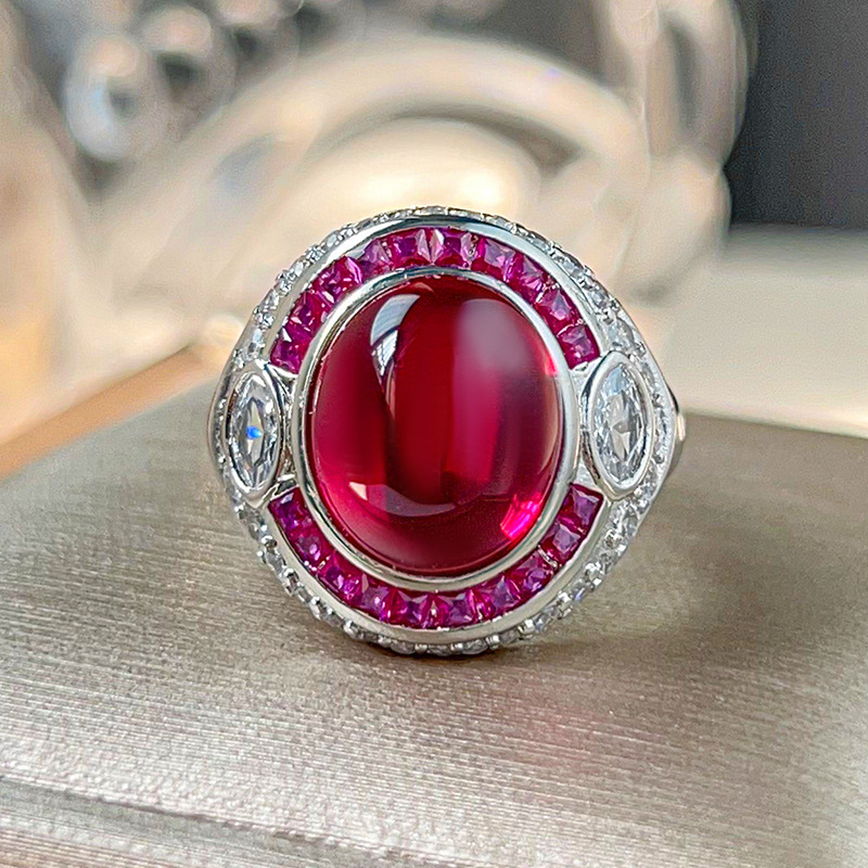 Simulated Blue Spinel, Cabochon Ruby and Green Chalcedony Vintage Ring