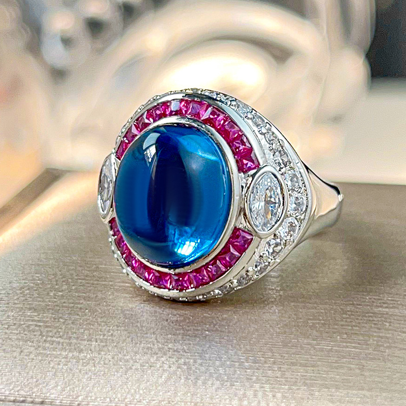 Simulated Blue Spinel, Cabochon Ruby and Green Chalcedony Vintage Ring
