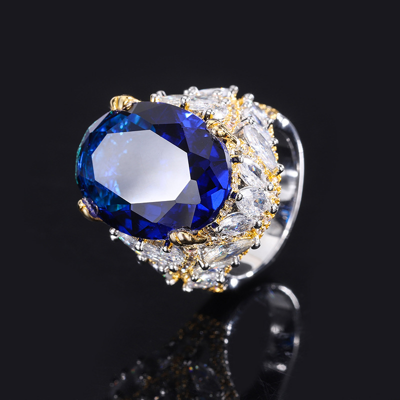Sterling Silver S925 Simulated Ruby Sapphire Luxe Temperament Oversized Cocktail Ring