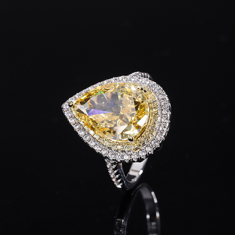 Sterling Silver S925 Yellow High-Carbon Diamond Ring 