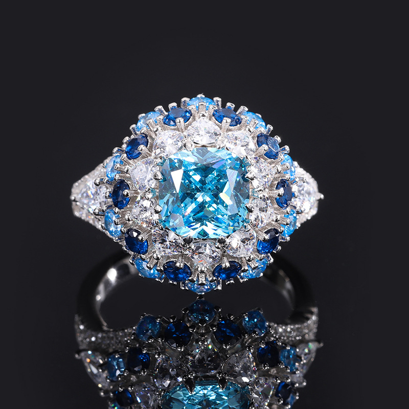 S925 Silver Simulated Aquamarine Stamen Textured Luxury Ring Sparkling for Daily Wear
