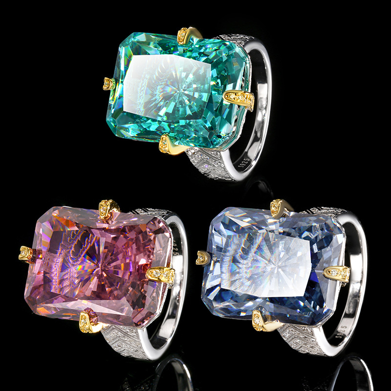 Silver S925 Radiant-Cut White Plated Blue Paraiba Tourmaline Dried Rose Ring