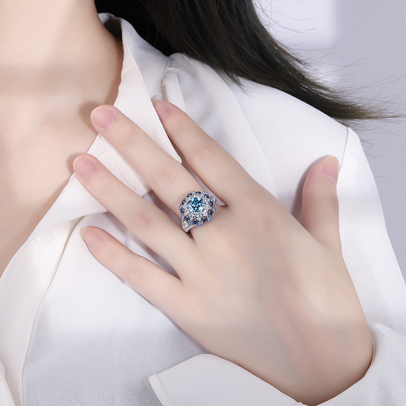 S925 Silver Simulated Aquamarine Stamen Textured Luxury Ring Sparkling for Daily Wear