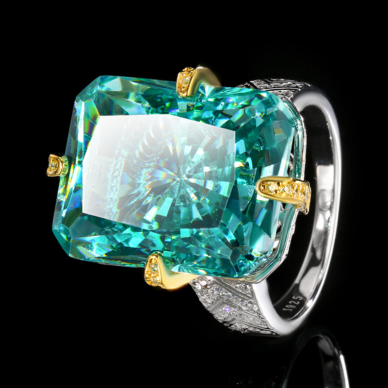 Silver S925 Radiant-Cut White Plated Blue Paraiba Tourmaline Dried Rose Ring