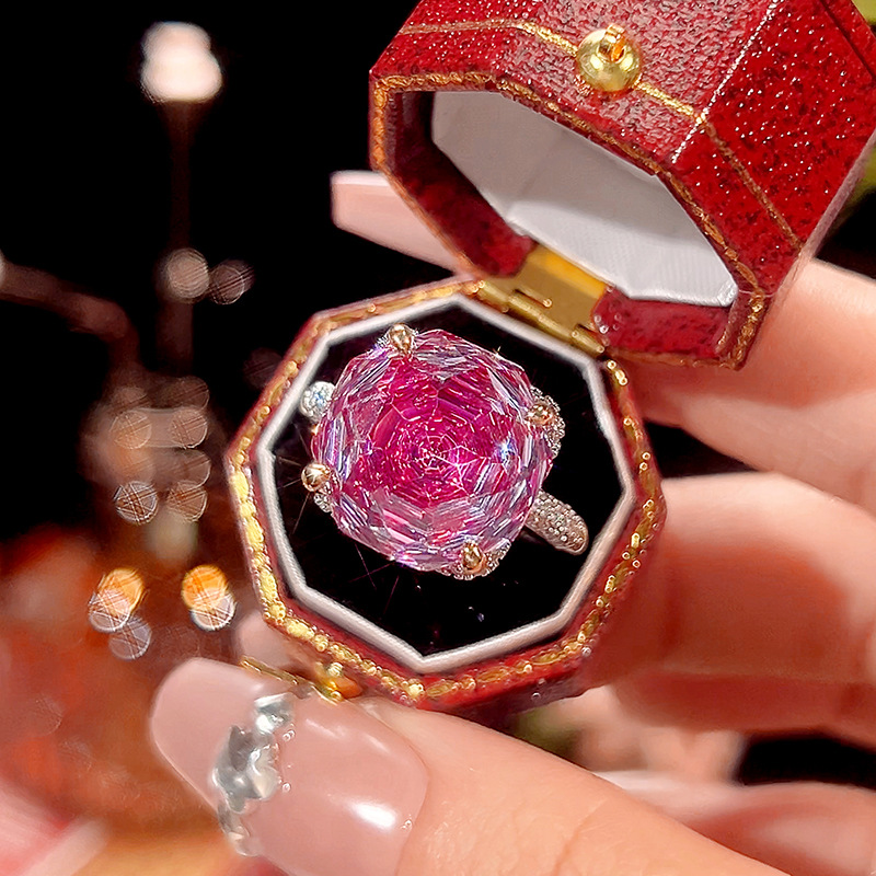 Artificial Rose-Cut Dragon Fruit Color Light Luxury Ring
