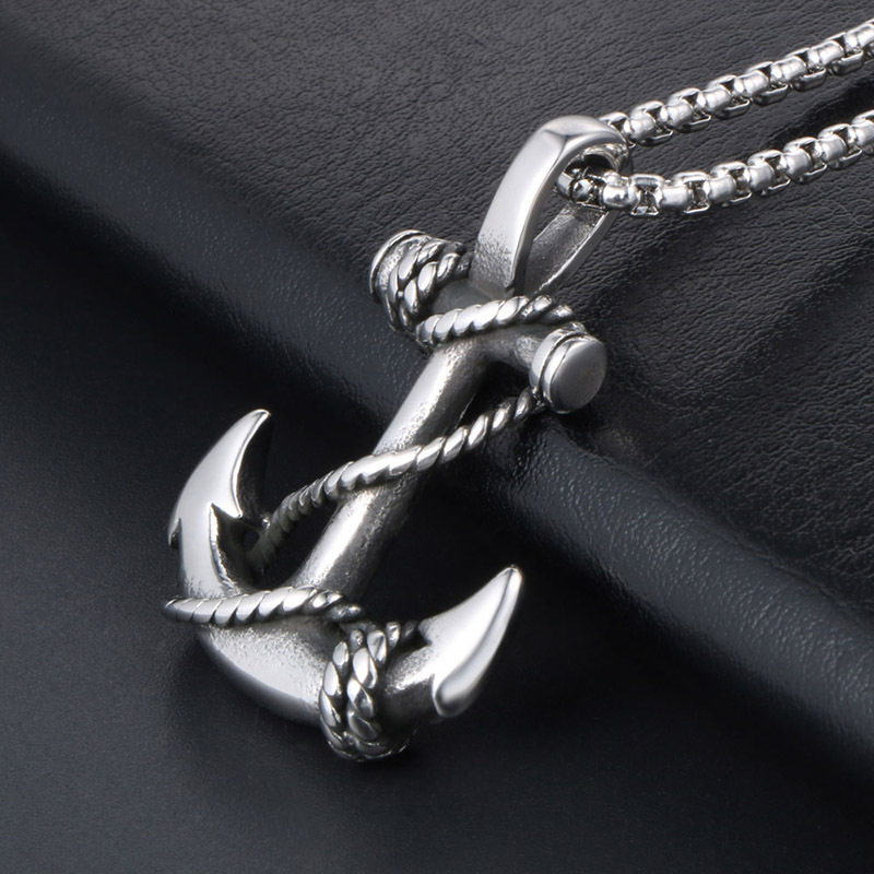 Men's Anchor Pendant Necklace - Pirate Style Stainless Steel Fish Hook Necklace