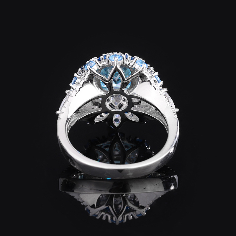 S925 Silver Simulated Aquamarine Stamen Textured Luxury Ring Sparkling for Daily Wear