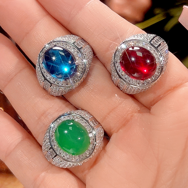 Simulated Blue Spinel Green Chalcedony and Red Corundum Retro Ring