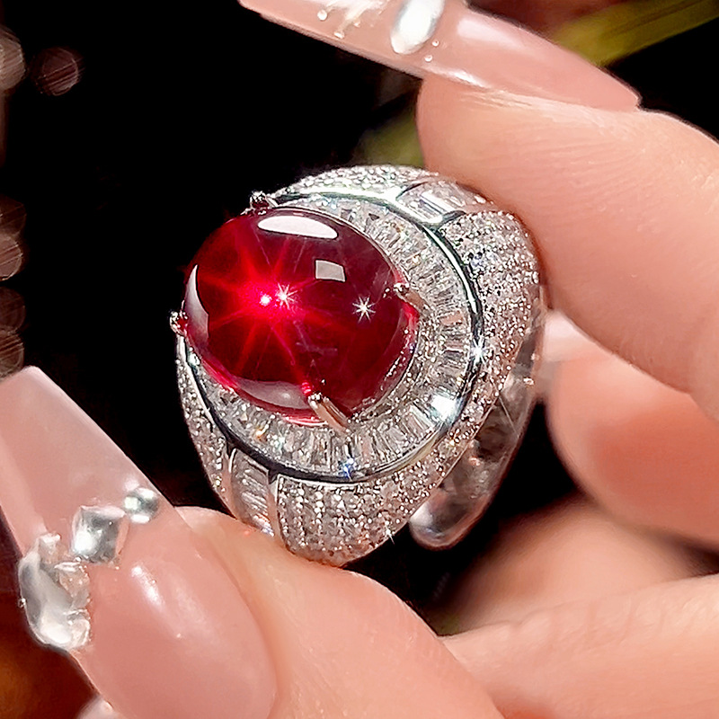 Simulated Blue Spinel Green Chalcedony and Red Corundum Retro Ring