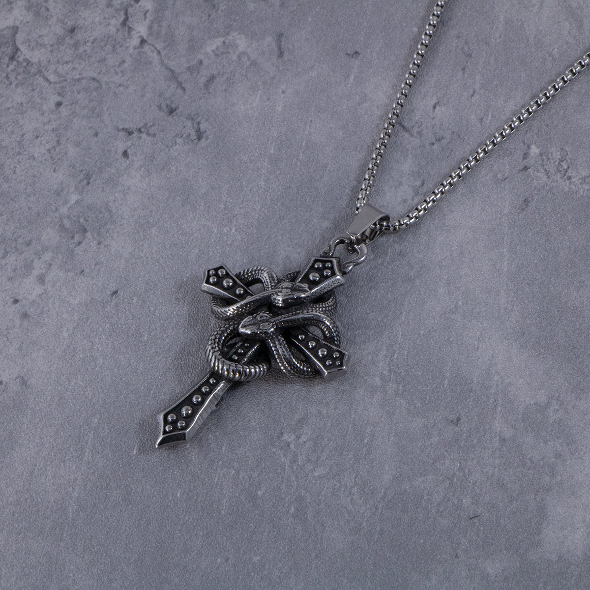 Retro Stainless Steel Double Snakes Cross Embracing Pendant Necklace 