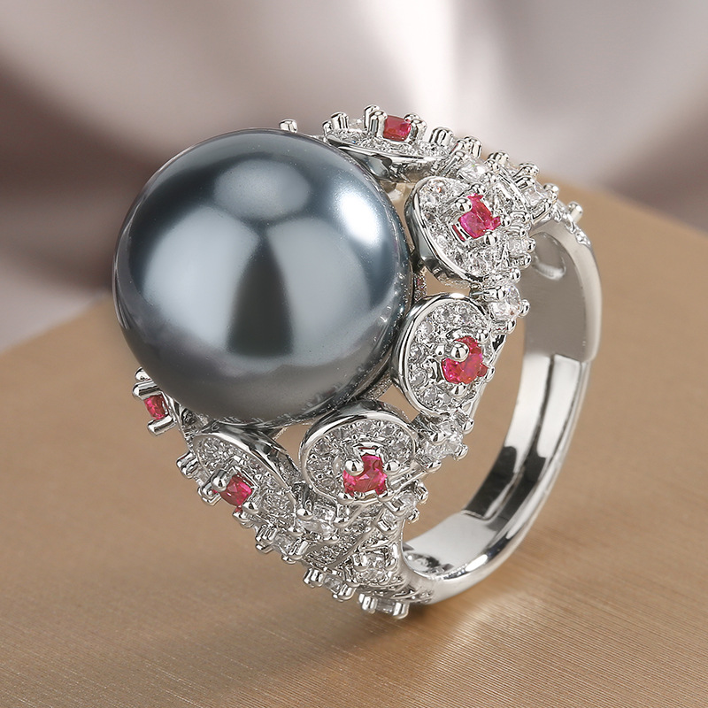 Jewelry-Inlaid Simulated Grey Pearl Retro Fashion Diamond-Accented Ring