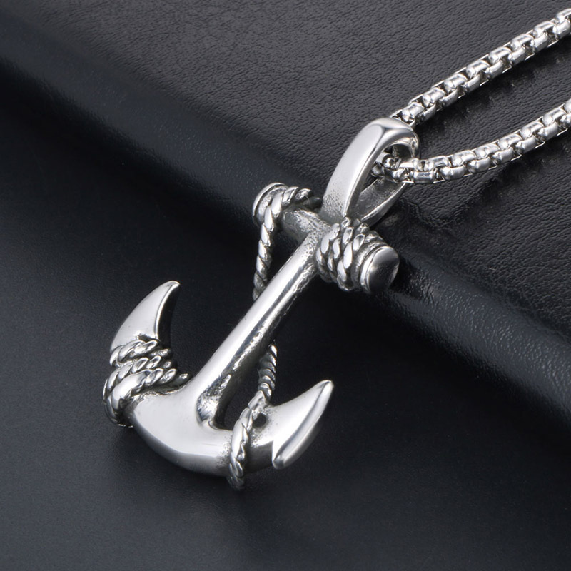 Men's Anchor Pendant Necklace - Pirate Style Stainless Steel Fish Hook Necklace