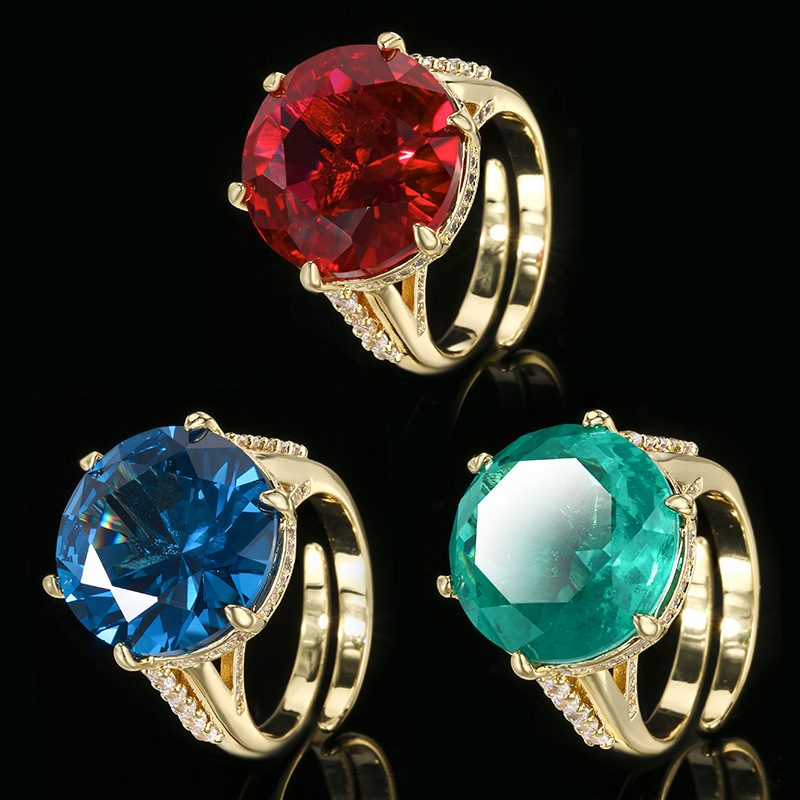 Stylish Imitation Red Corundum Blue Spinel & Emerald Round Gold Ring
