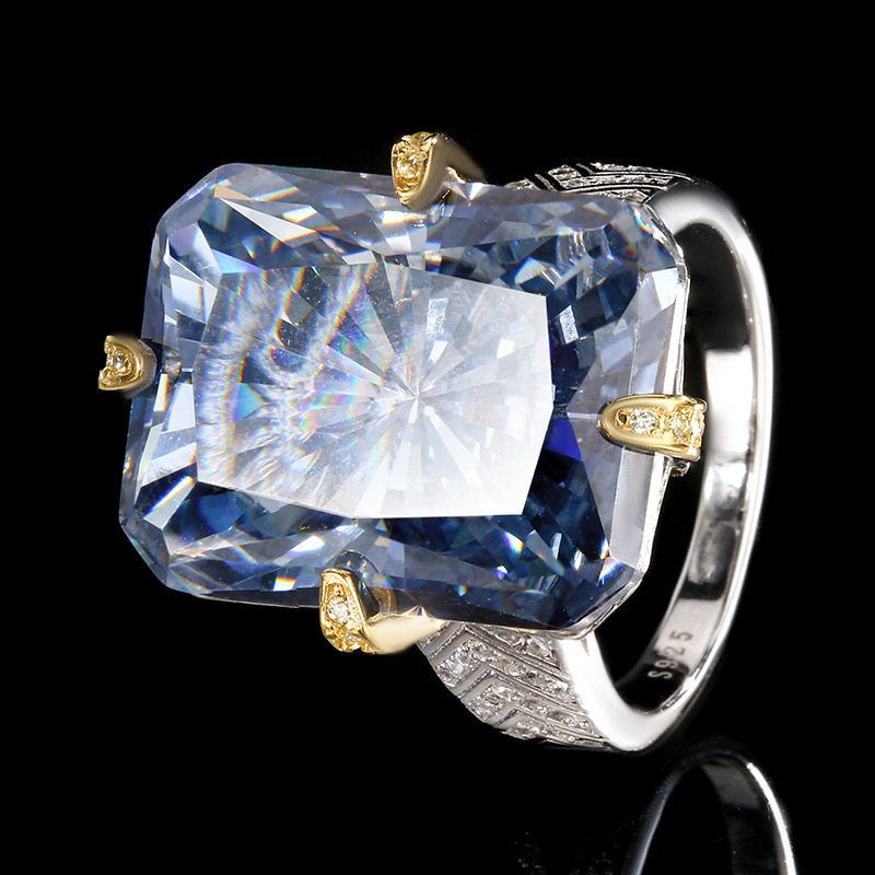 Silver S925 Radiant-Cut White Plated Blue Paraiba Tourmaline Dried Rose Ring