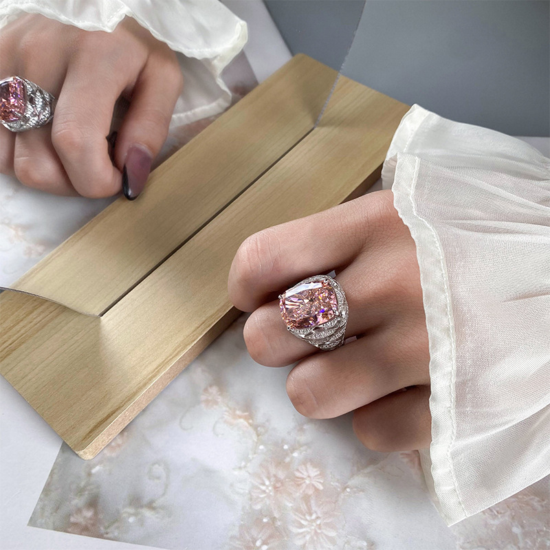 Sterling Silver S925 Cushion-Cut Retro Fine-Craft High-Carbon Diamond Ring 