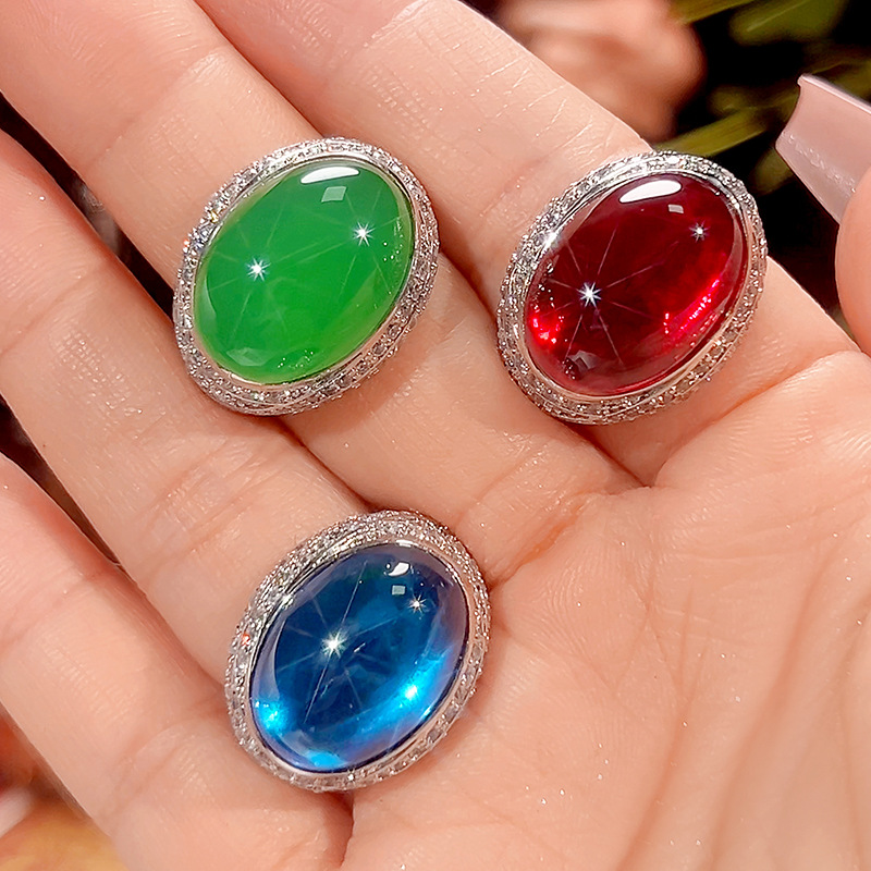 Simulated Blue Spinel, Cabochon Ruby and Green Chalcedony Vintage Ring