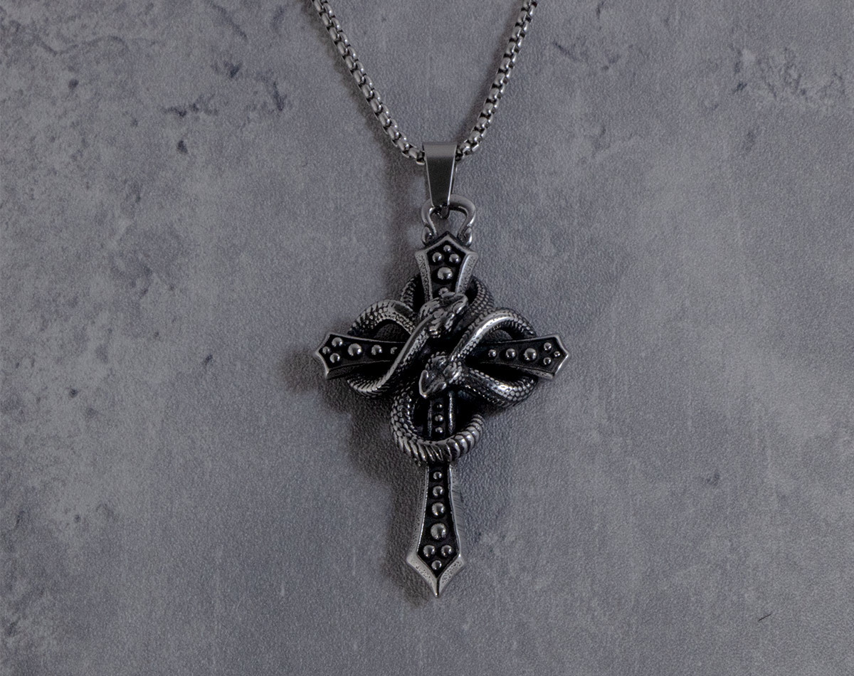 Retro Stainless Steel Double Snakes Cross Embracing Pendant Necklace