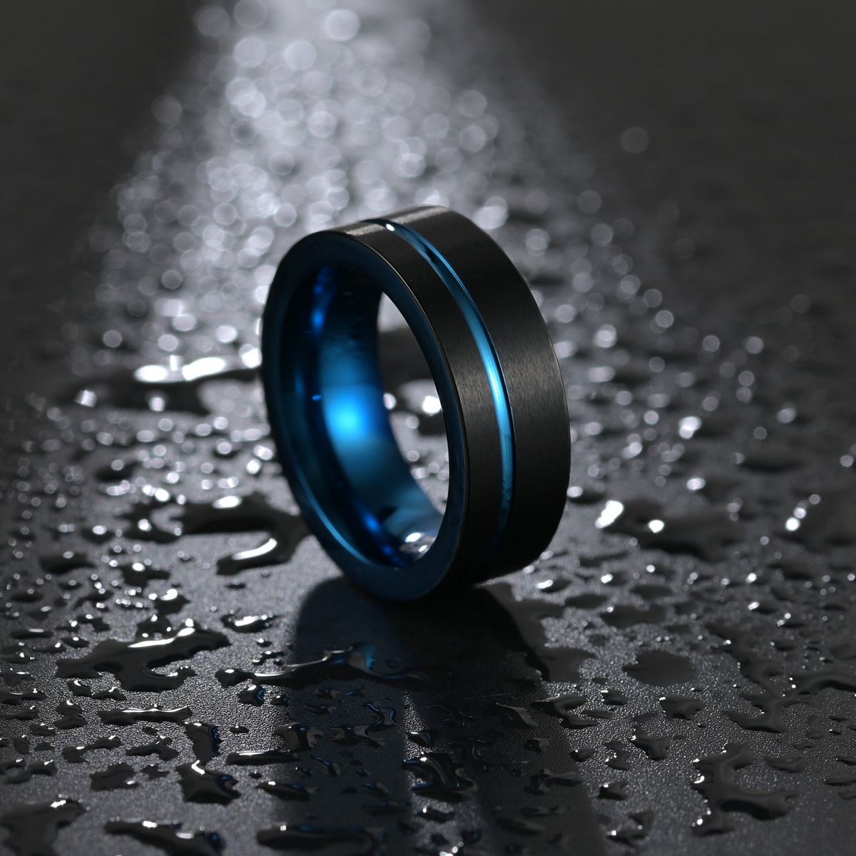 8MM Electroplated Black and Blue Two-Tone Stainless Steel Men's Ring