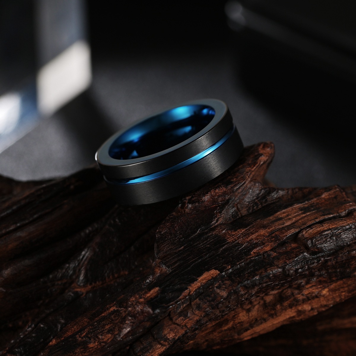 8MM Electroplated Black and Blue Two-Tone Stainless Steel Men's Ring
