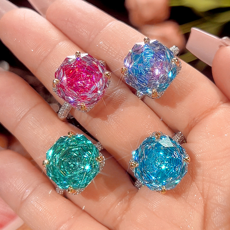 Artificial Rose-Cut Dragon Fruit Color Light Luxury Ring