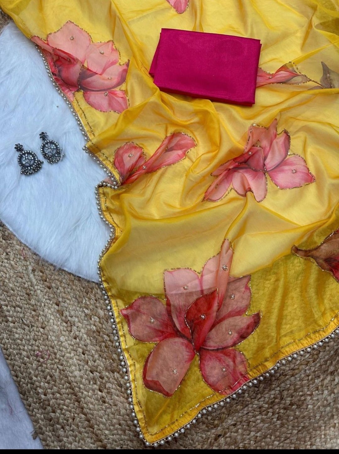 Blue Floral Printed Chiffon Saree