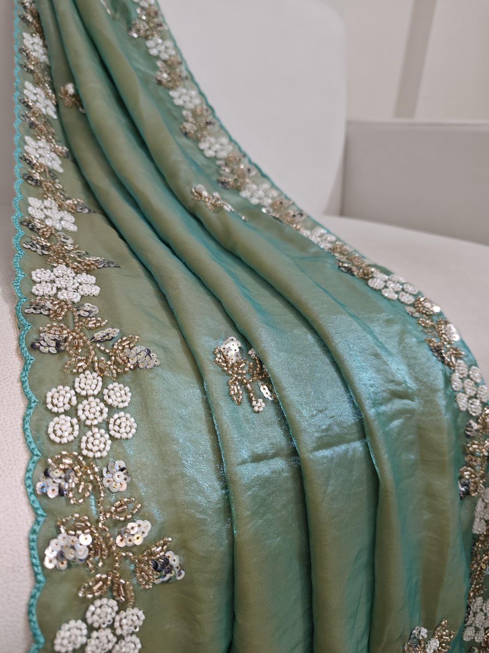 Fandy Sattin saree with heavy beads work